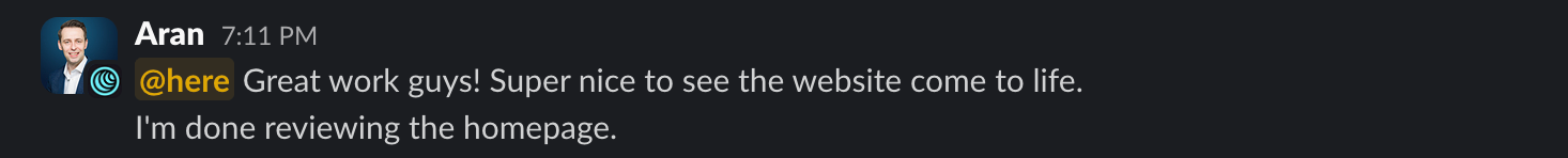 Screenshot of a client message in Slack: Great work guys! Super nice to see the website come to life.