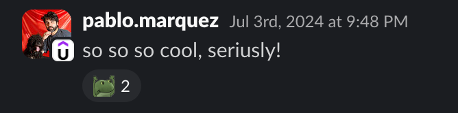 Screenshot of a client message in Slack: so so so cool, seriusly!