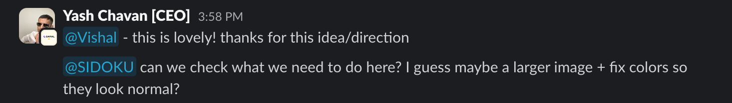 Screenshot of a client message in Slack: @Vishal - this is lovely! thanks for this idea/direction