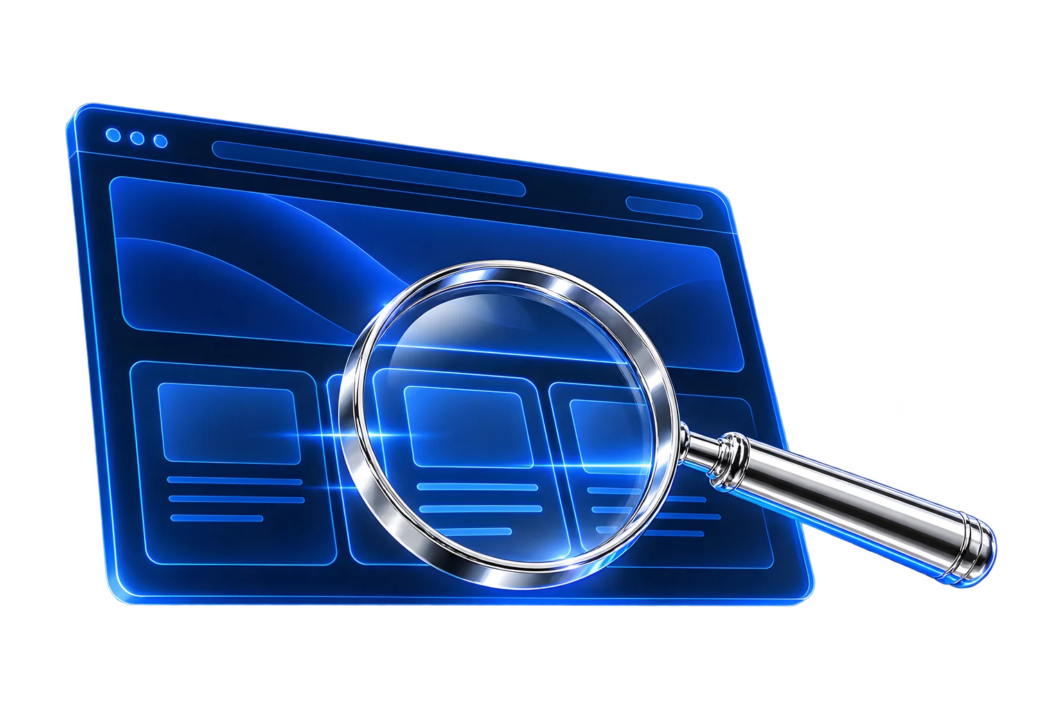 Chrome magnifying glass inspecting a glowing blue wireframe of a website page