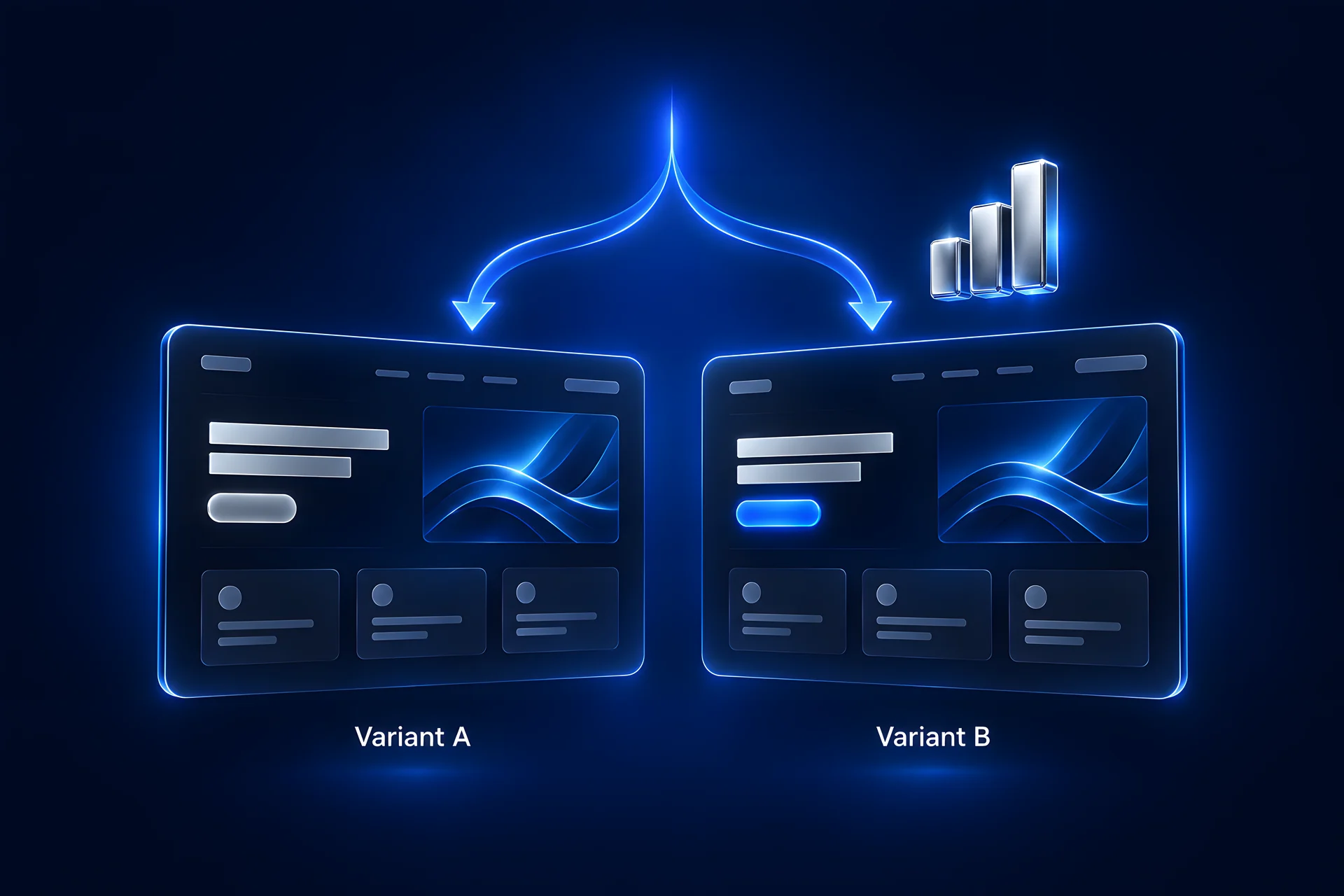 A/B test splitting traffic between landing page Variant A and Variant B