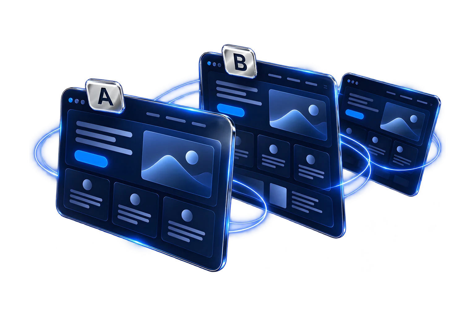 Landing page variants A and B as floating glass browser screens