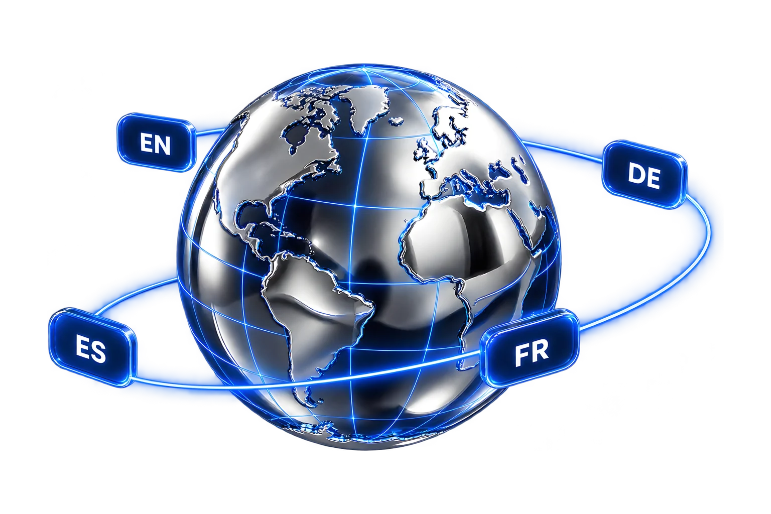 Chrome globe orbited by EN, DE, FR and ES language tags