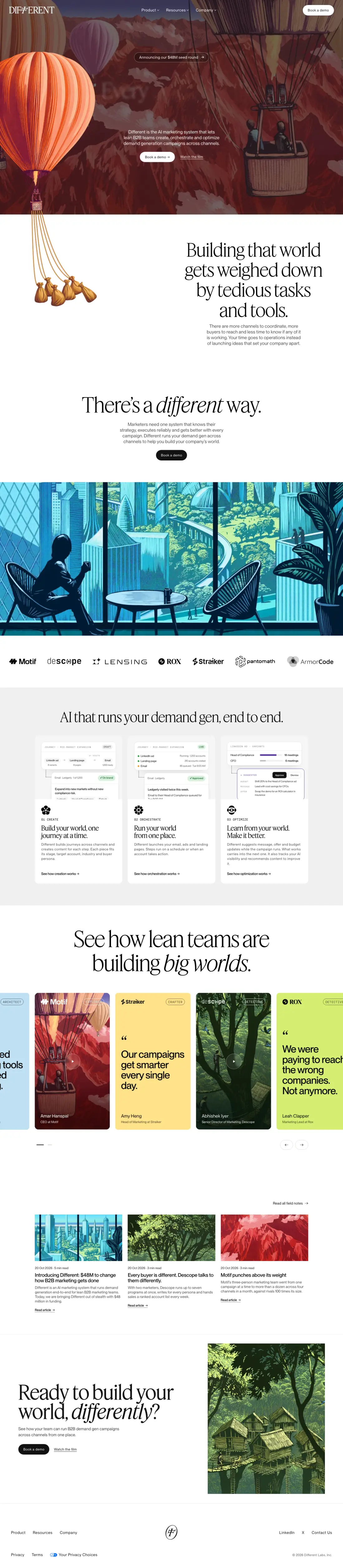 The full different.ai homepage, from the hero to the footer