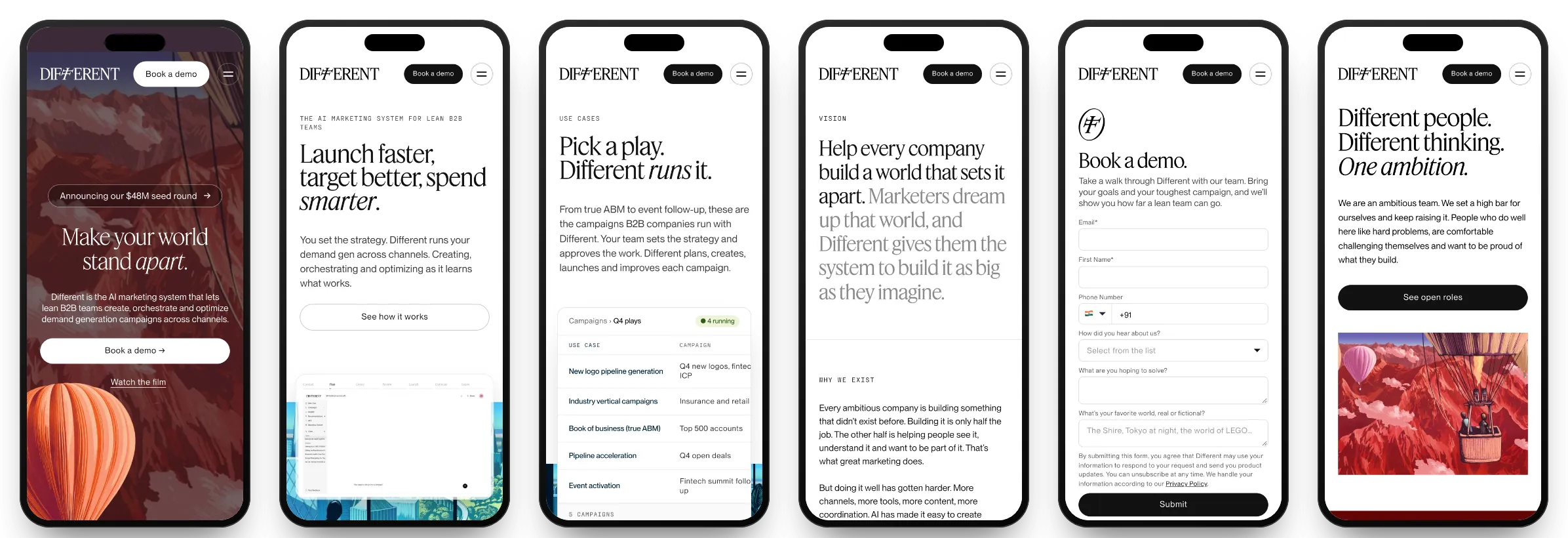Six different.ai pages on phones: Home, Product, Use cases, Company, Demo and Careers