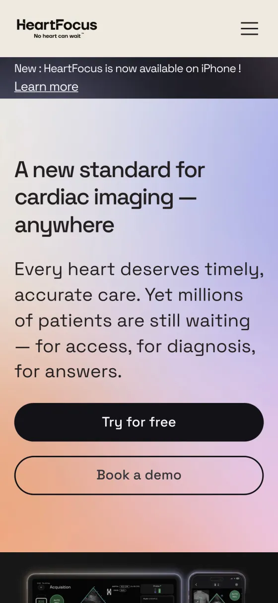 The heartfocus.ai homepage on a phone