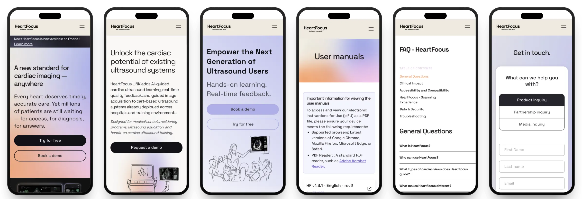 Six heartfocus.ai pages on phones: Home, HeartFocus Link, Education, User manuals, FAQ and Contact