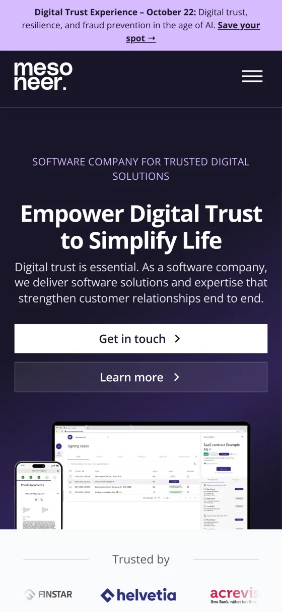The mesoneer.io homepage on a phone