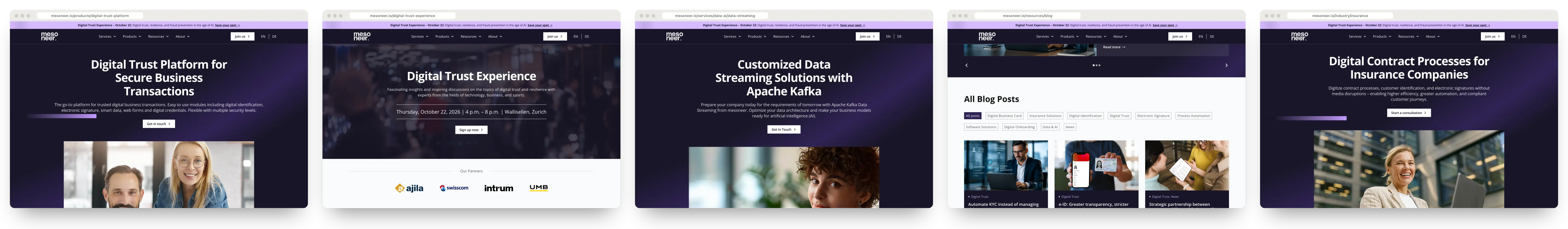 Five mesoneer.io pages on desktop: Digital Trust Platform, Digital Trust Experience, Data Streaming, Blog and Insurance