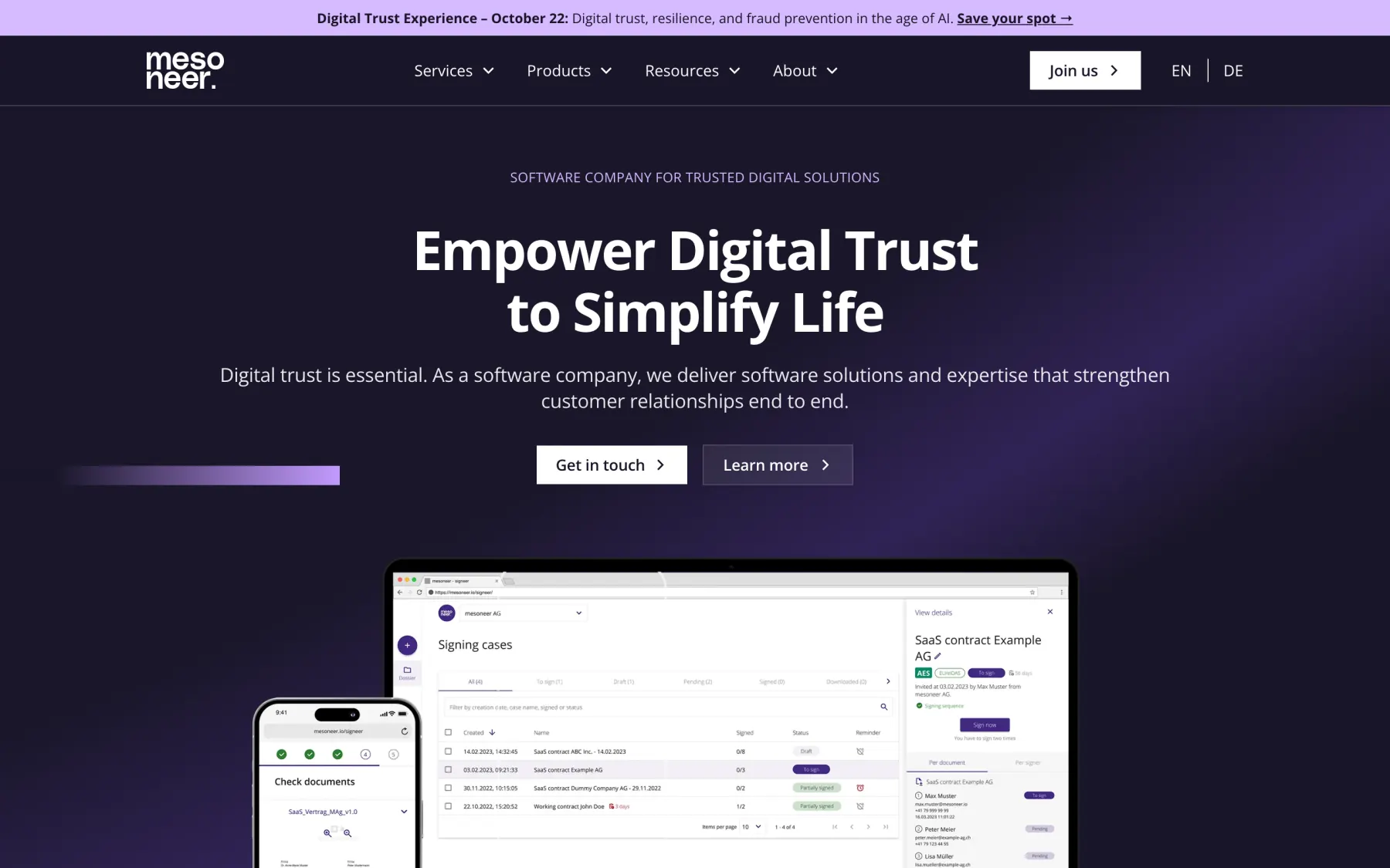 The mesoneer.io homepage on desktop