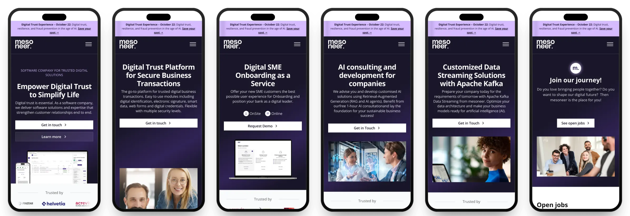 Six mesoneer.io pages on phones: Home, Digital Trust Platform, SME Onboarding, AI Consulting, Data Streaming and Jobs