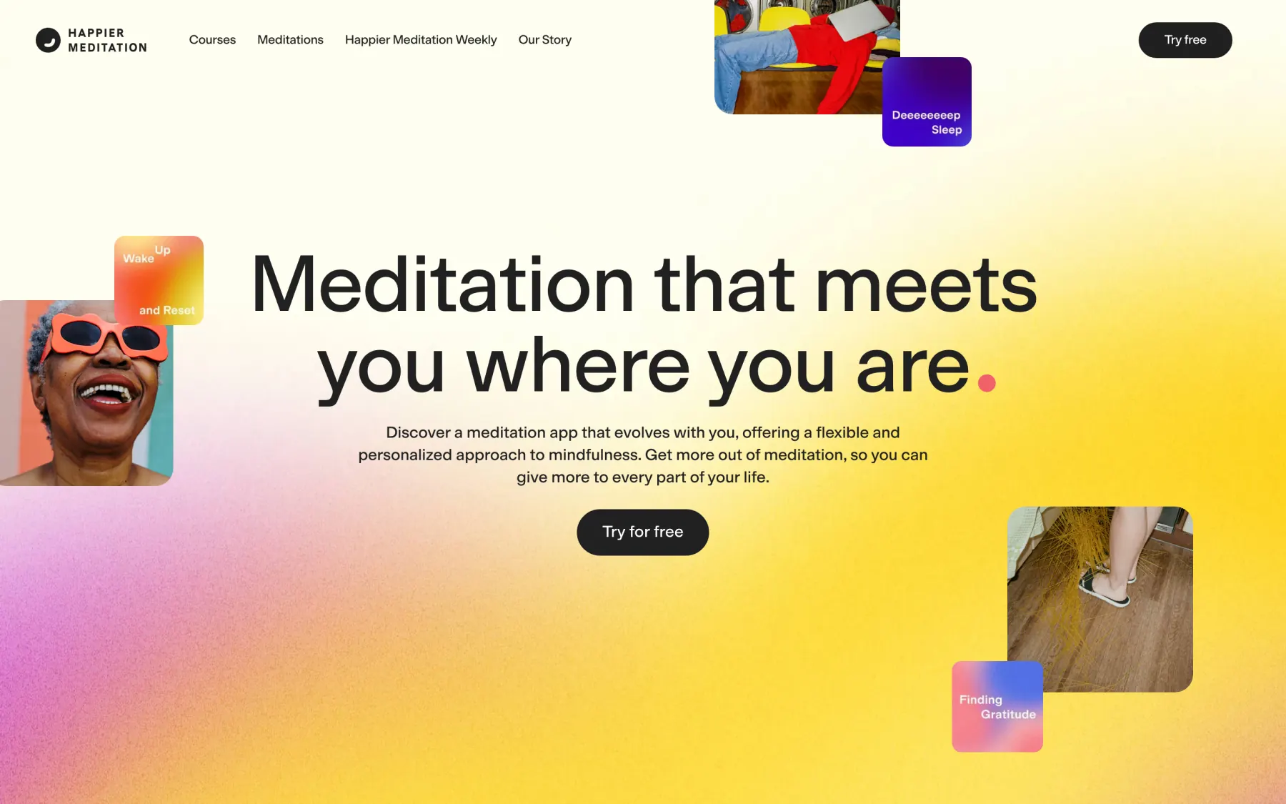 The meditatehappier.com homepage on desktop
