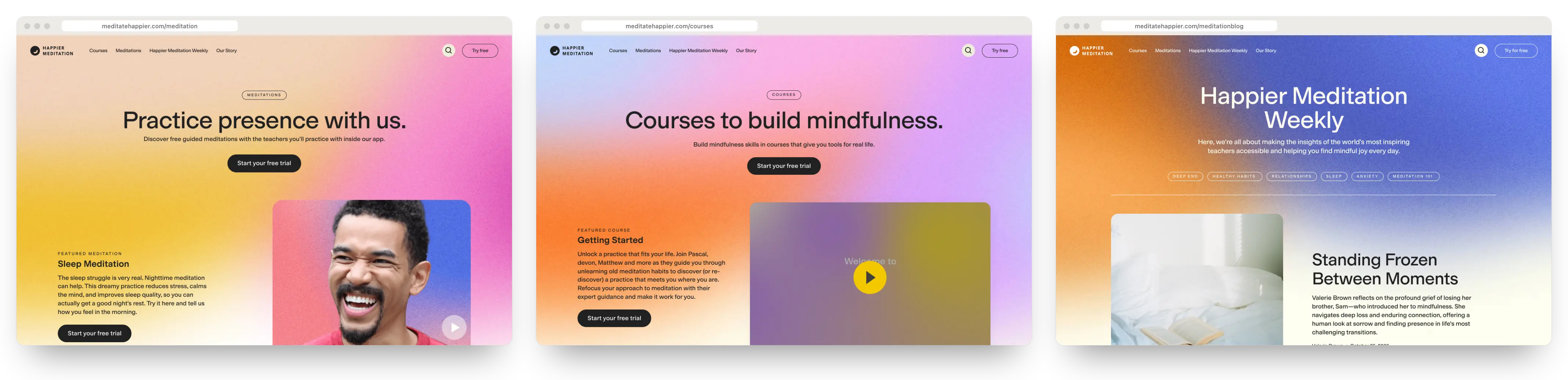 Three meditatehappier.com pages on desktop: Meditations, Courses and the Happier Meditation Weekly blog