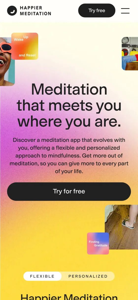 The meditatehappier.com homepage on a phone