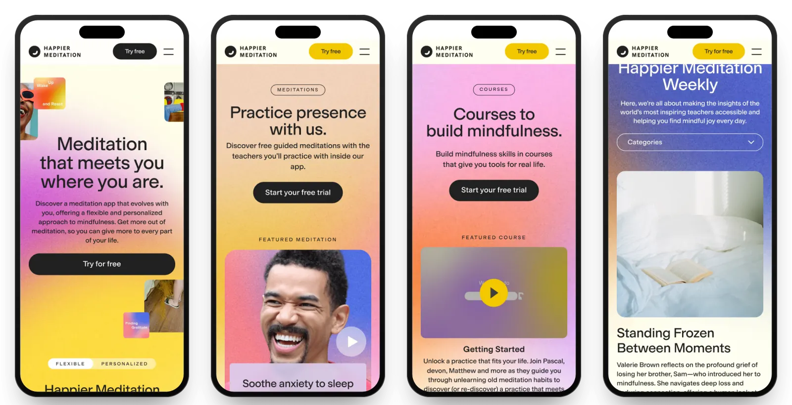 Four meditatehappier.com pages on phones: Home, Meditations, Courses and the Happier Meditation Weekly blog