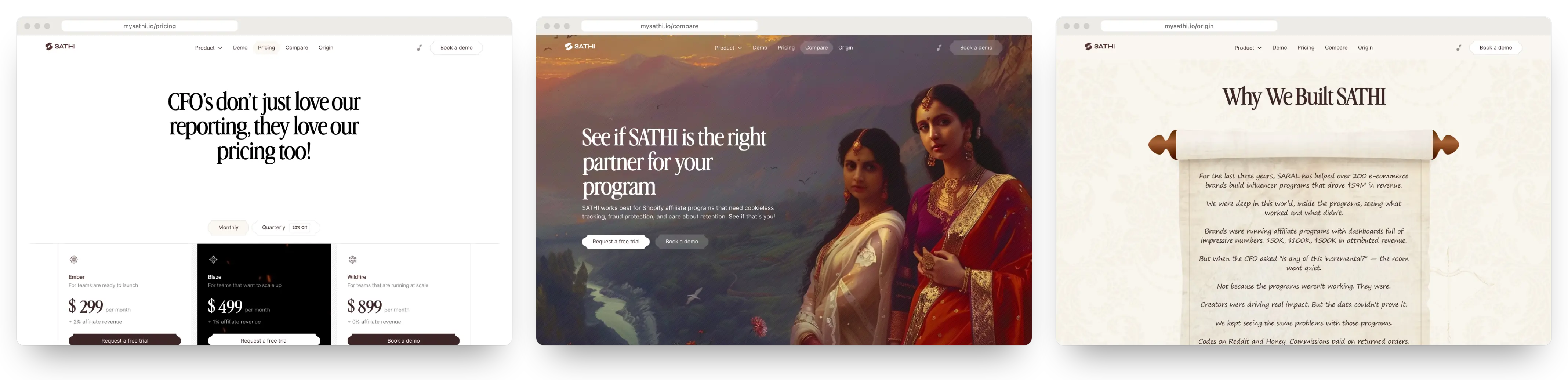 Three mysathi.io pages on desktop: Pricing, Compare and Origin