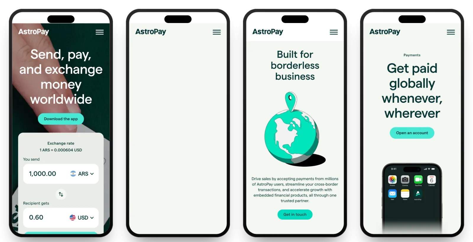 Four astropay.com pages on phones: Home, Cards, Business and Payments