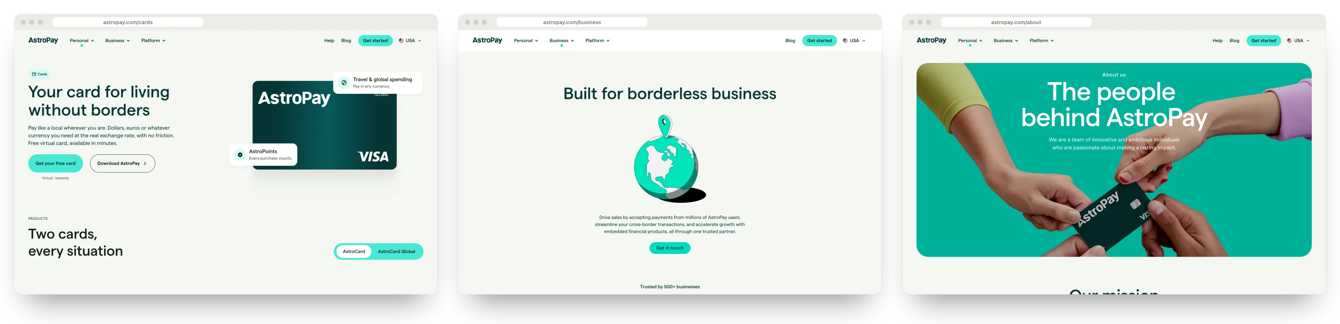 Three astropay.com pages on desktop: Cards, Business and About
