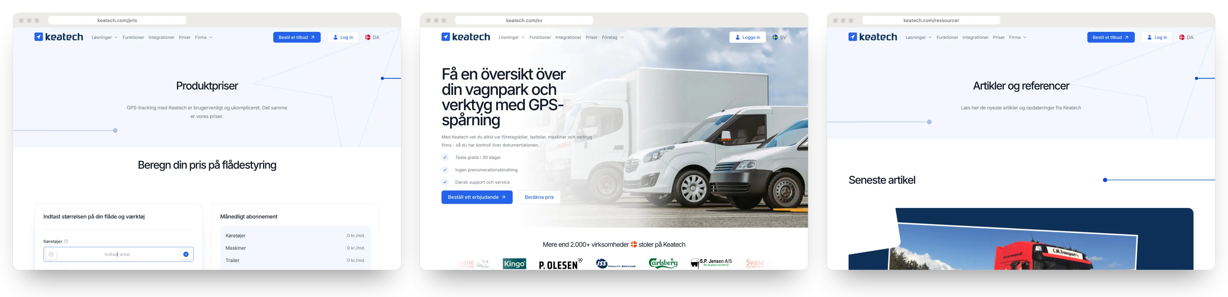 Three keatech.com pages on desktop from the Webflow site: Pricing, the Swedish homepage and Resources