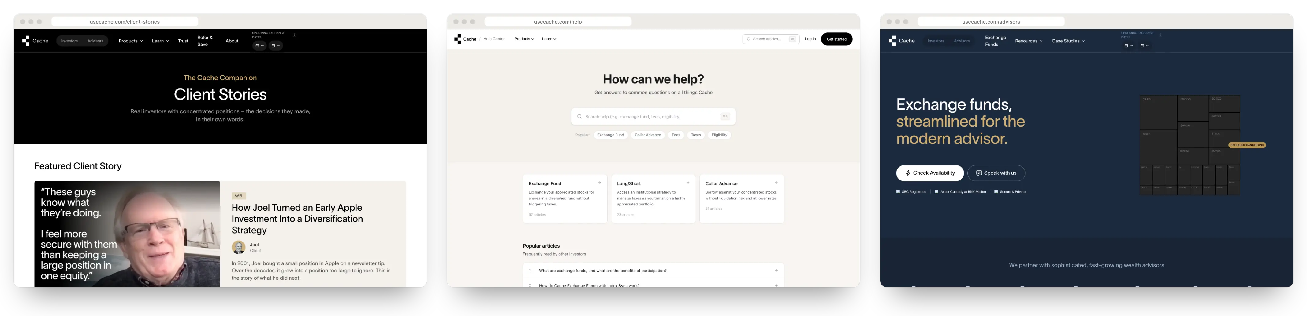 Three usecache.com pages on desktop: Client stories, Help Center and Advisors