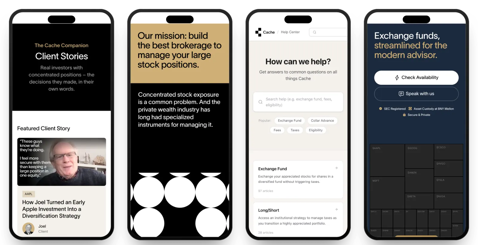Four usecache.com pages on phones: Client stories, About us, Help Center and Advisors