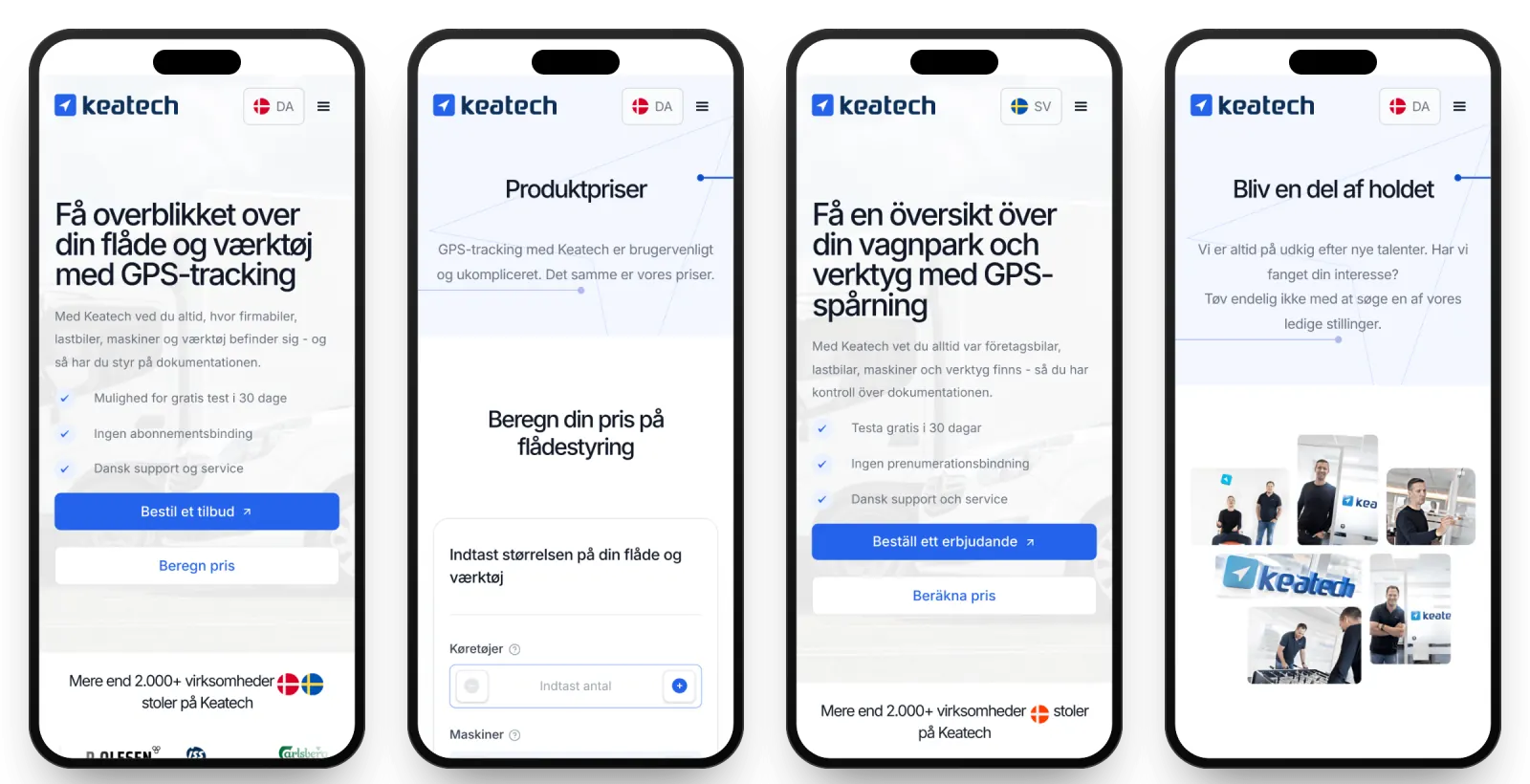 Four keatech.com pages on phones from the Webflow site: Home, Pricing, the Swedish homepage and Jobs