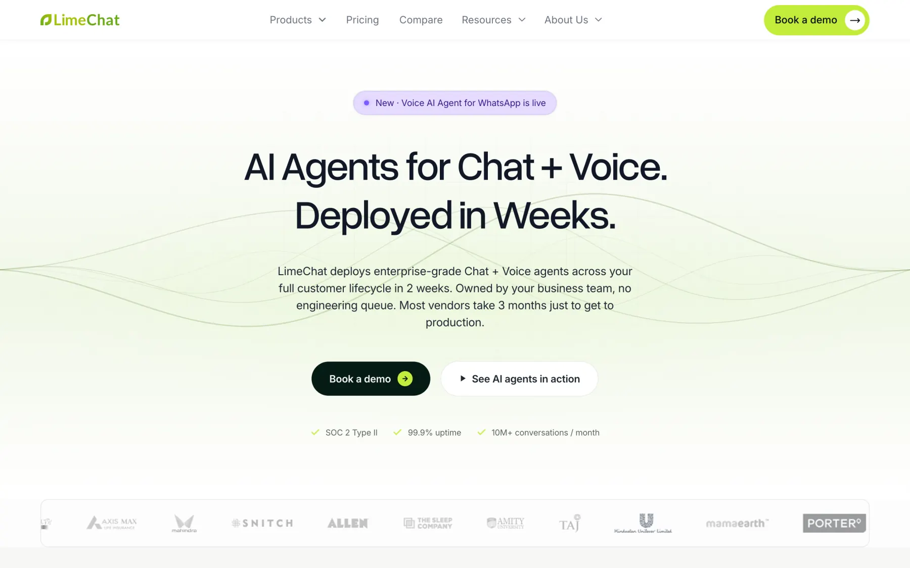 The limechat.ai homepage on desktop