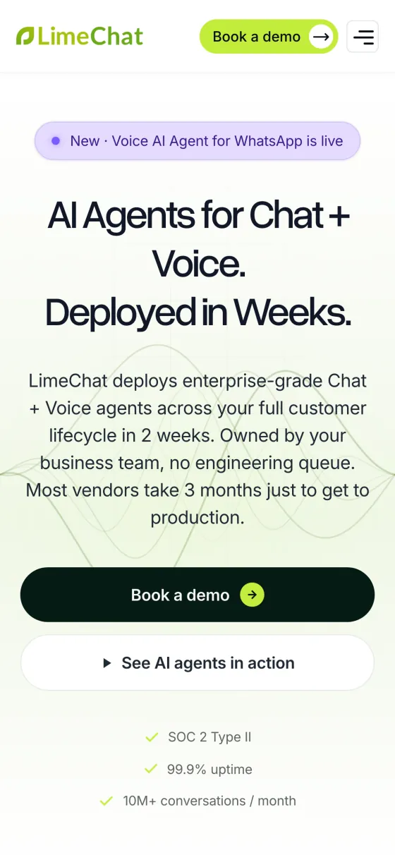 The limechat.ai homepage on a phone