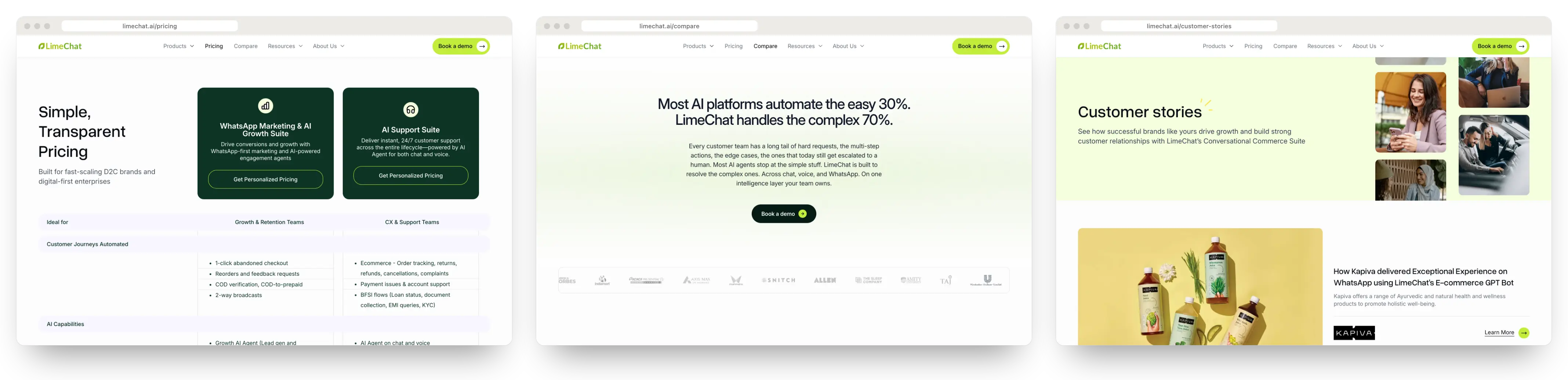 Three limechat.ai pages on desktop: Pricing, Compare and Customer stories
