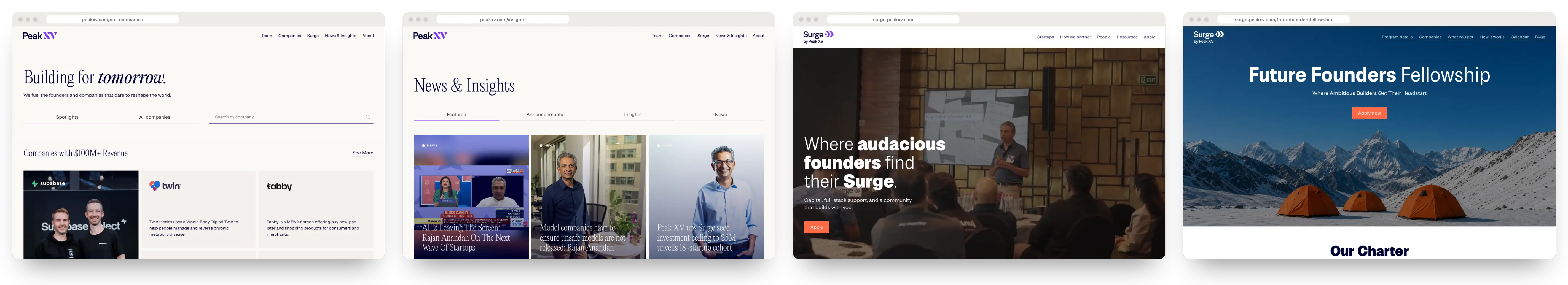 Four pages on desktop: Our companies and Insights on peakxv.com, the Surge homepage and the Future Founders Fellowship page