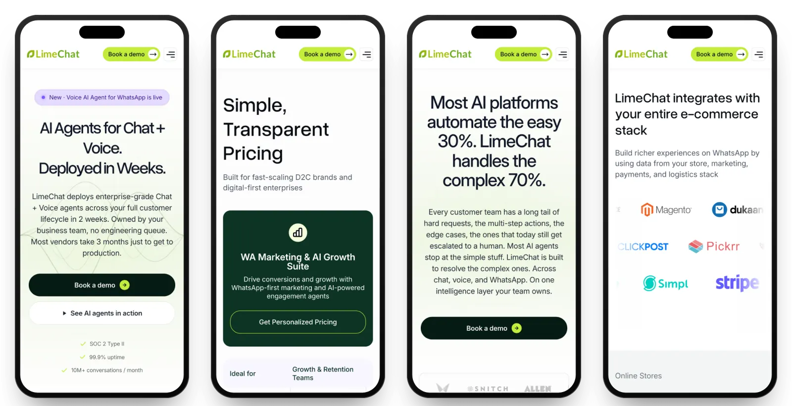 Four limechat.ai pages on phones: Home, Pricing, Compare and Integrations