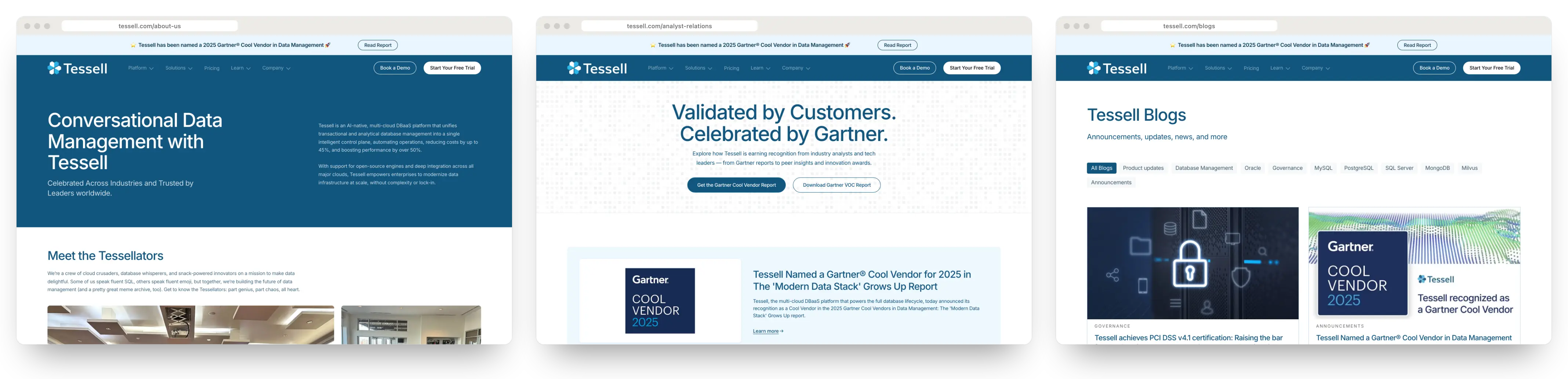 Three tessell.com pages on desktop from the Webflow site: About us, Analyst Relations and Blog