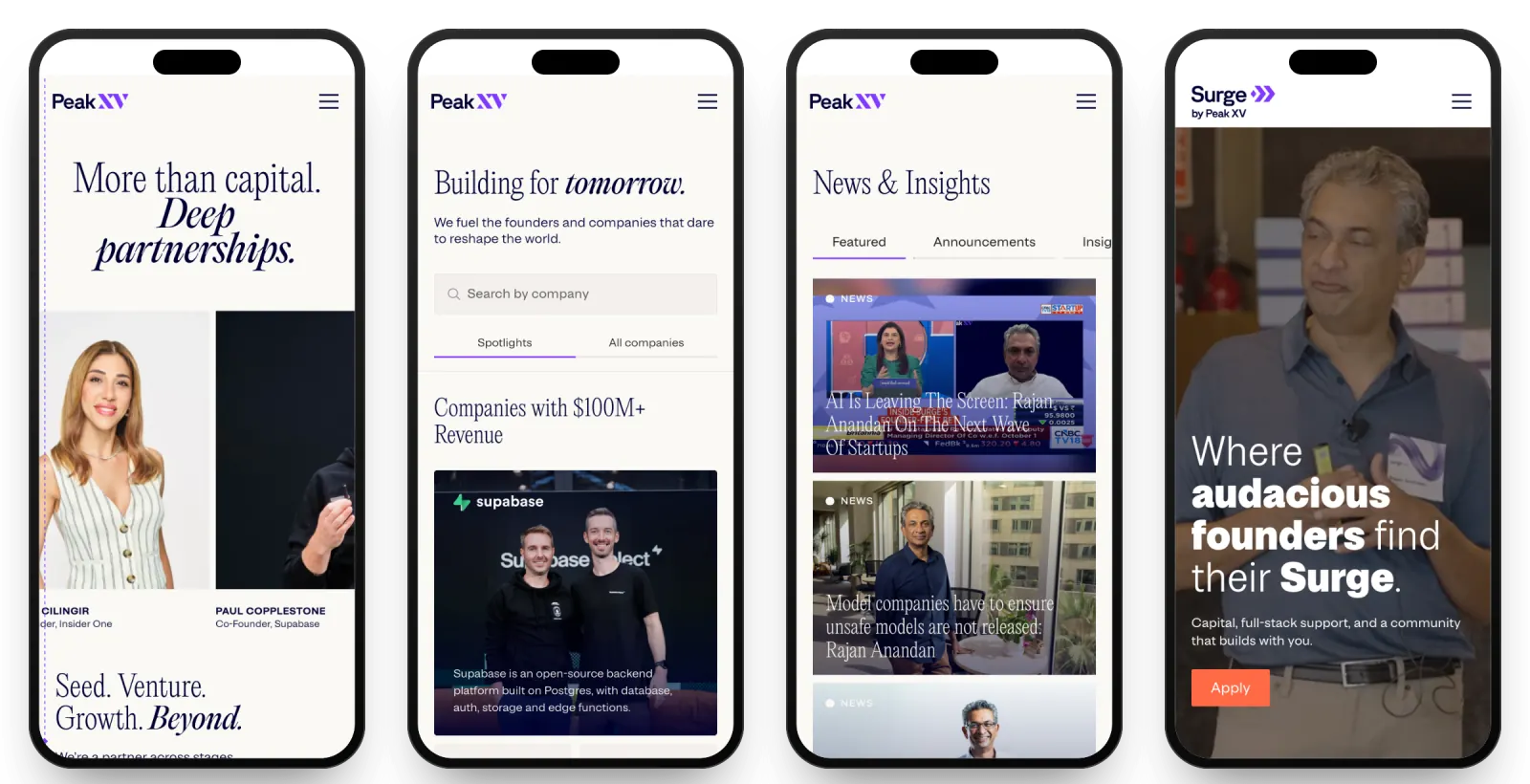 Four pages on phones: Home, Our companies and Insights on peakxv.com, and the Surge homepage