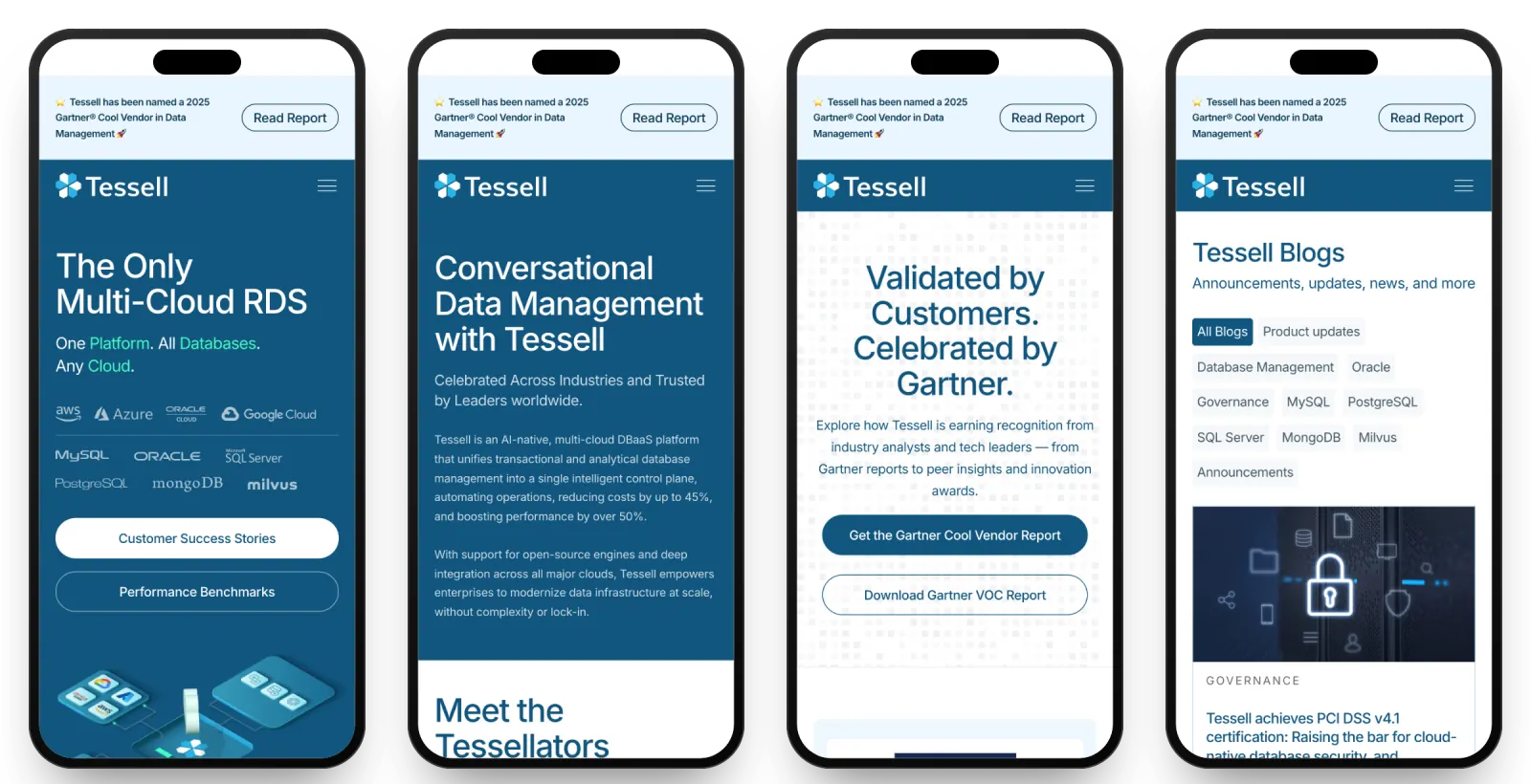 Four tessell.com pages on phones from the Webflow site: Home, About us, Analyst Relations and Blog