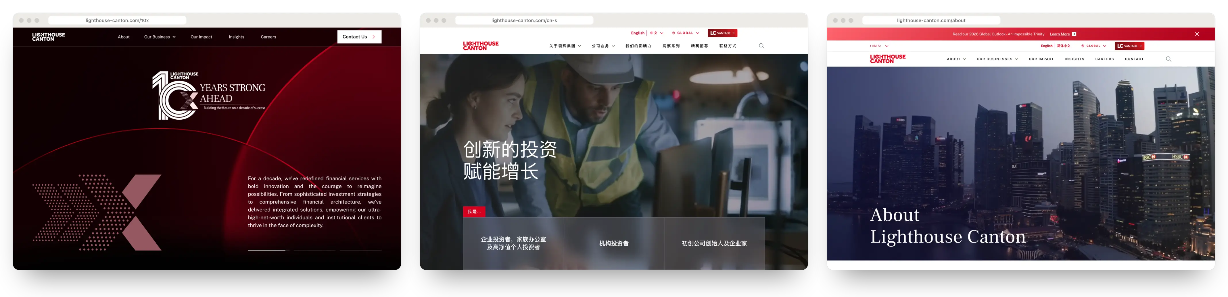 Three lighthouse-canton.com pages on desktop from the Webflow site: the 10-year anniversary page, the Simplified Chinese homepage and About