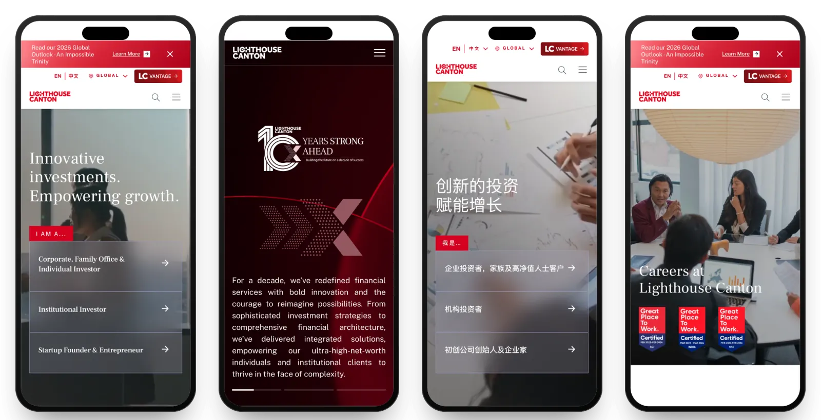 Four lighthouse-canton.com pages on phones from the Webflow site: Home, the 10-year anniversary page, the Simplified Chinese homepage and Careers