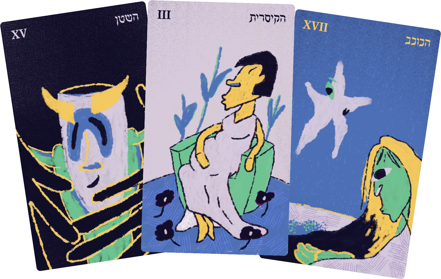 Three tarot cards of "The Devil", "The Empress" and "The Star", with colorful charcoal illustrations, using Mystica font