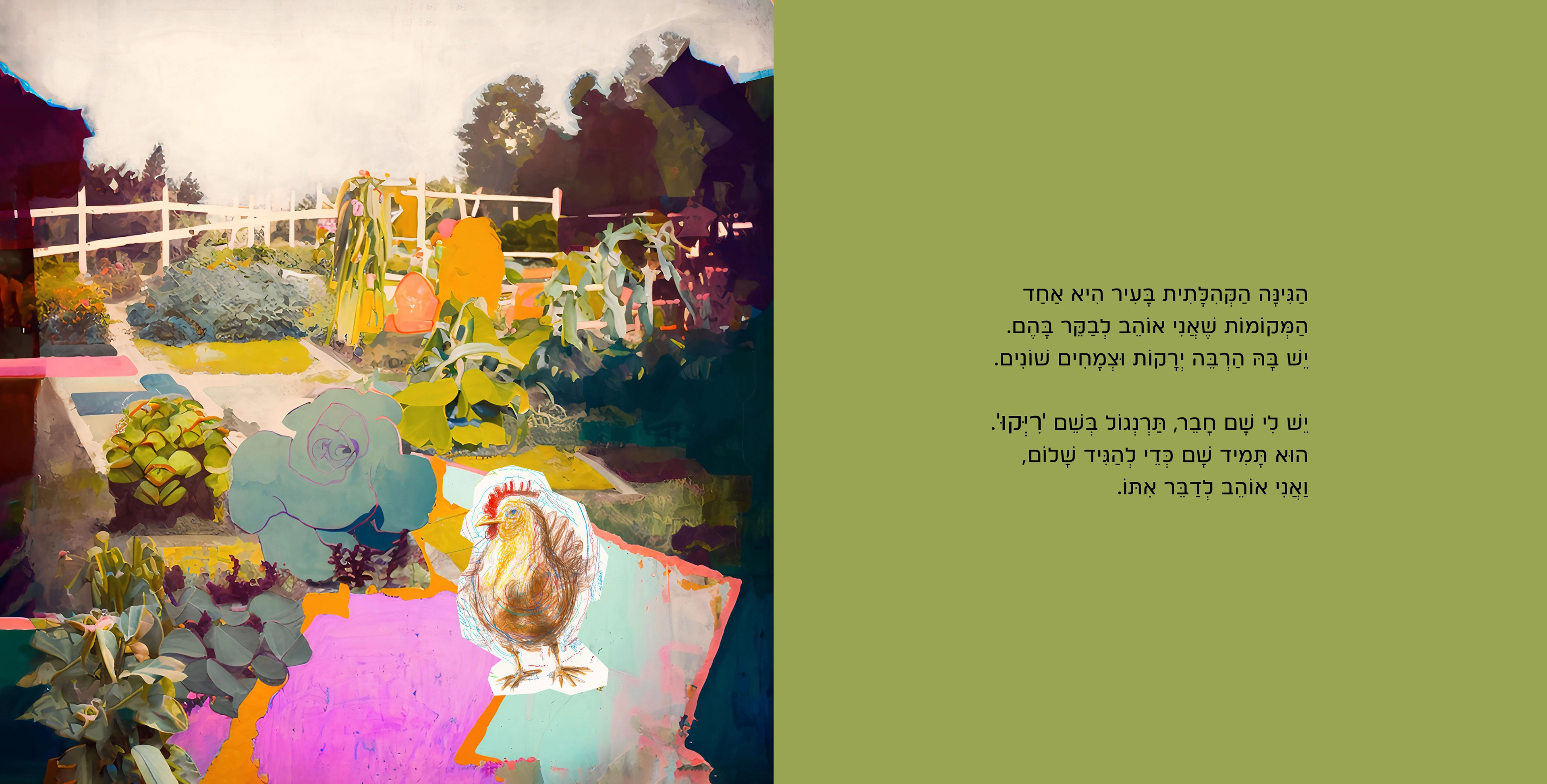 "Riku" the chicken in the garden spread from the book "Secret Places"