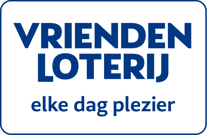 Logo with text 'VRIENDEN LOTERIJ' in bold blue letters and smaller text 'elke dag plezier' below on a white background with rounded blue border.