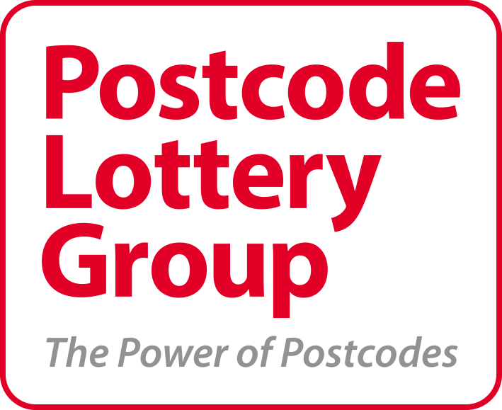 Postcode Lottery Group logo with the slogan The Power of Postcodes in grey italic text below the red bold company name on a white background with a red border.