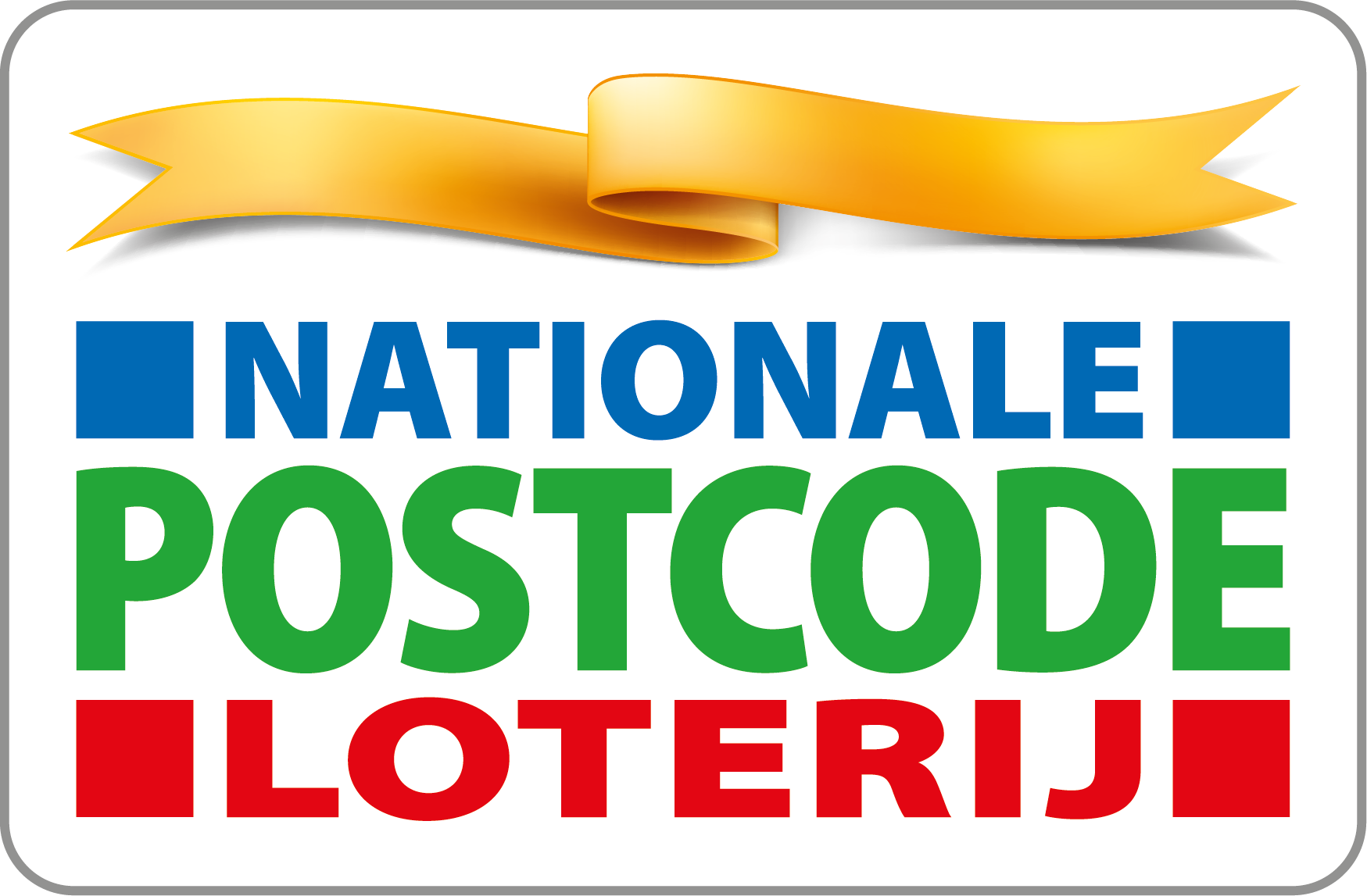 Logo with a golden ribbon above the words Nationale Postcode Loterij in blue, green, and red text.