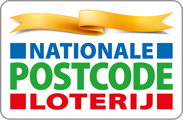 Logo of Nationale Postcode Loterij with a yellow ribbon above the blue, green, and red text.