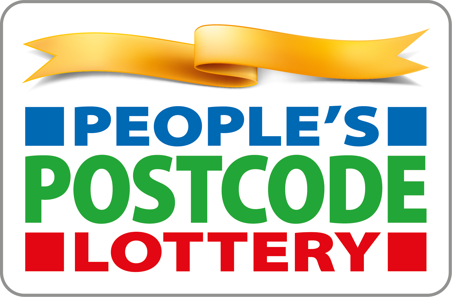 People's Postcode Lottery logo with a golden ribbon above and colored text in blue, green, and red.