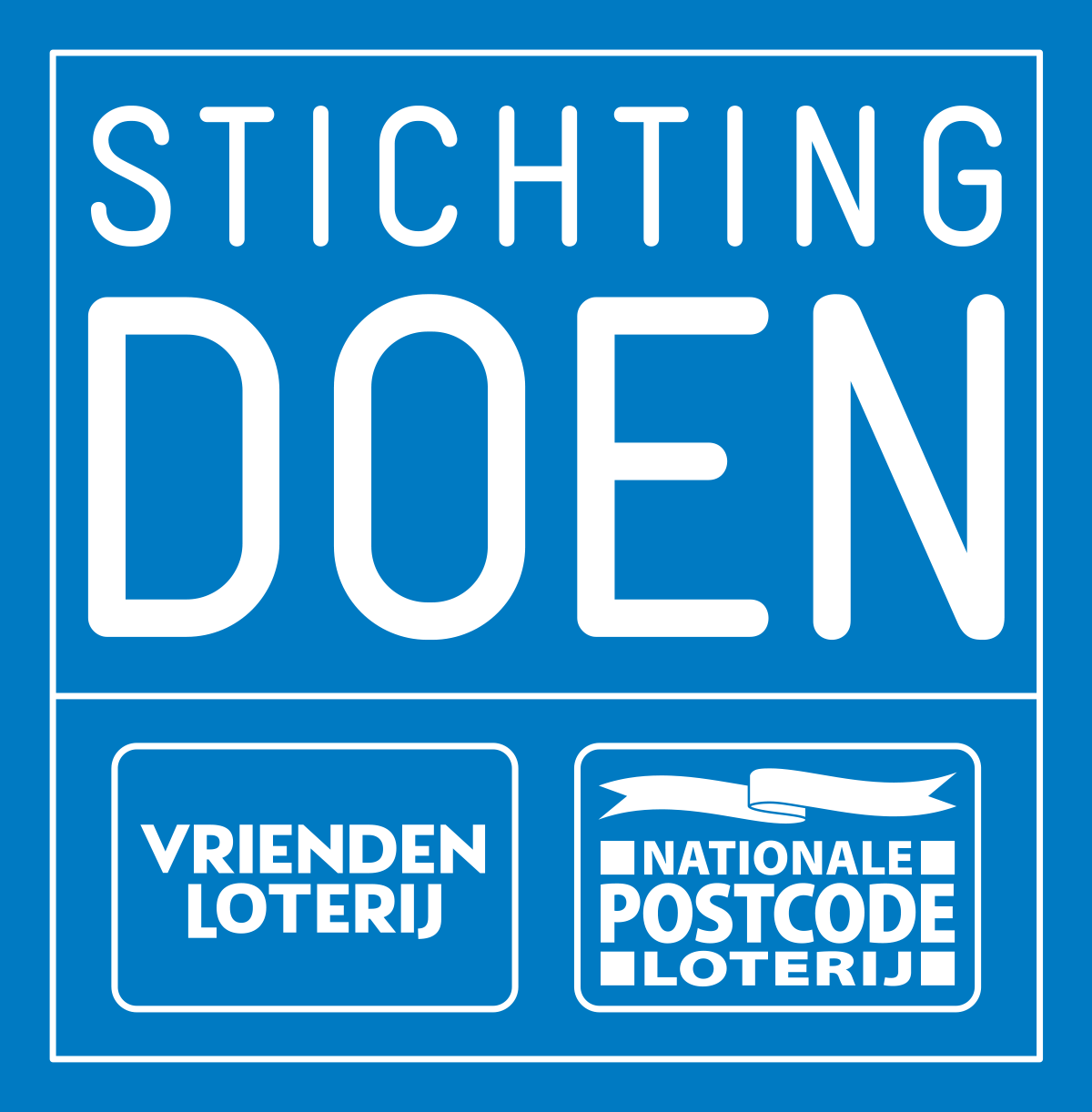 Logo with white text 'Stichting DOEN' and two boxed logos below for 'Vrienden Loterij' and 'Nationale Postcode Loterij' on a blue background.
