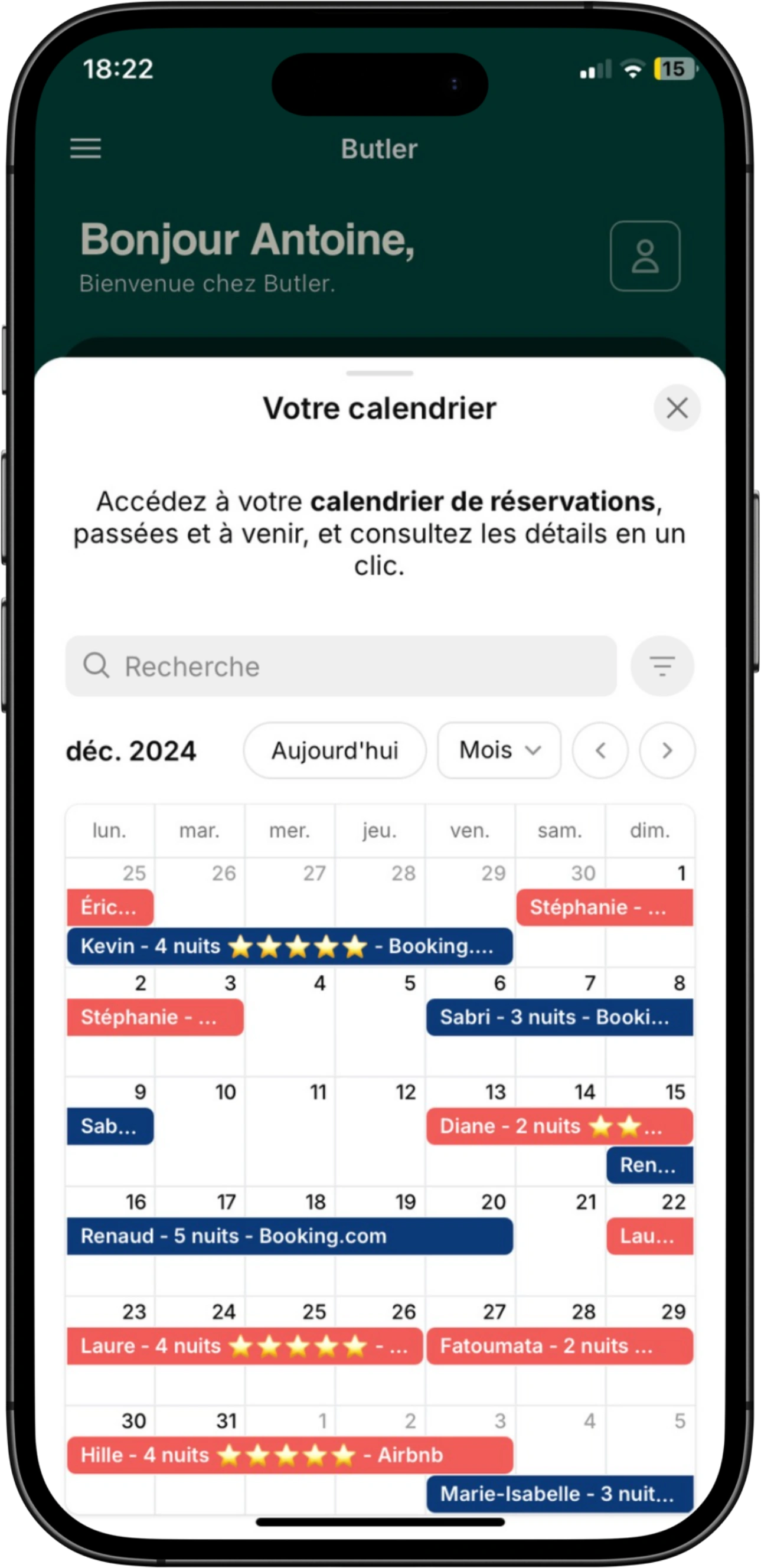 Calendrier des reservations Agence Butler Application