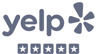 Yelp logo with five-star rating.