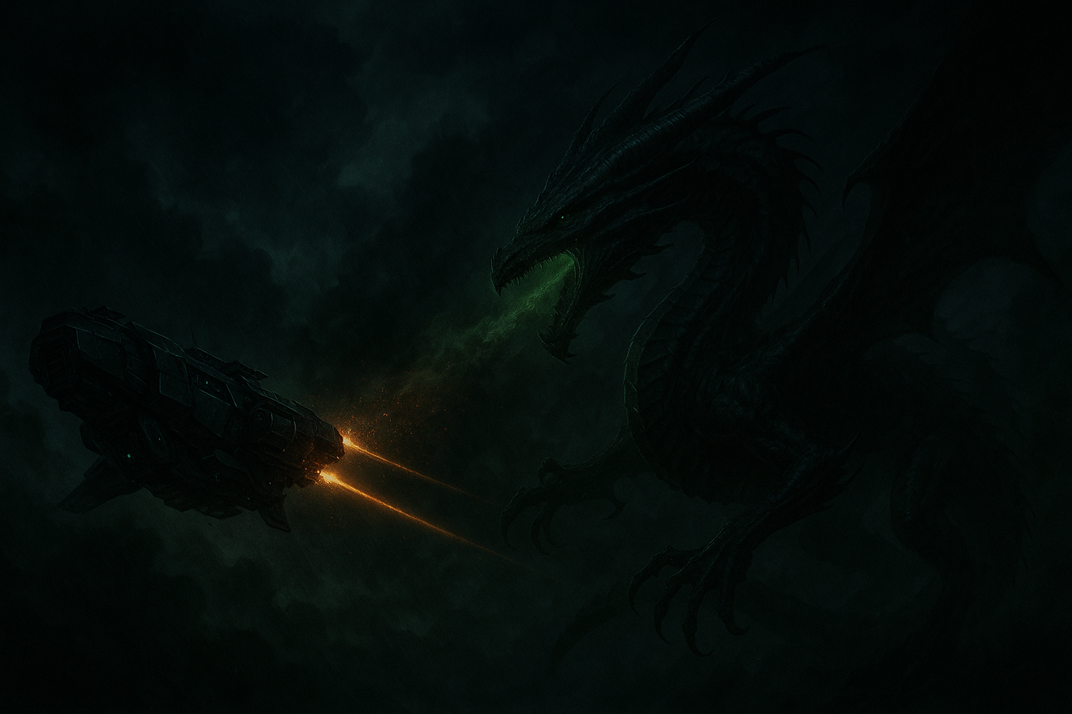 a dark, cloudy battlefield where a high-tech spaceship and a dragon clash in dramatic, cinematic lighting.