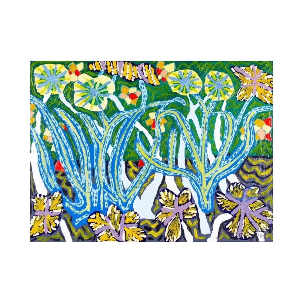 "Transcription of Irises by Vincent Van Gogh 1889," a vibrant mixed-media painting. Inspired by Van Gogh’s original work, this interpretation features even brighter, more saturated colors and thick, tactile applications of paint. The composition follows the classic theme of blooming irises but is altered to reflect the artist’s own inner feelings and preference for intense, vivid hues.