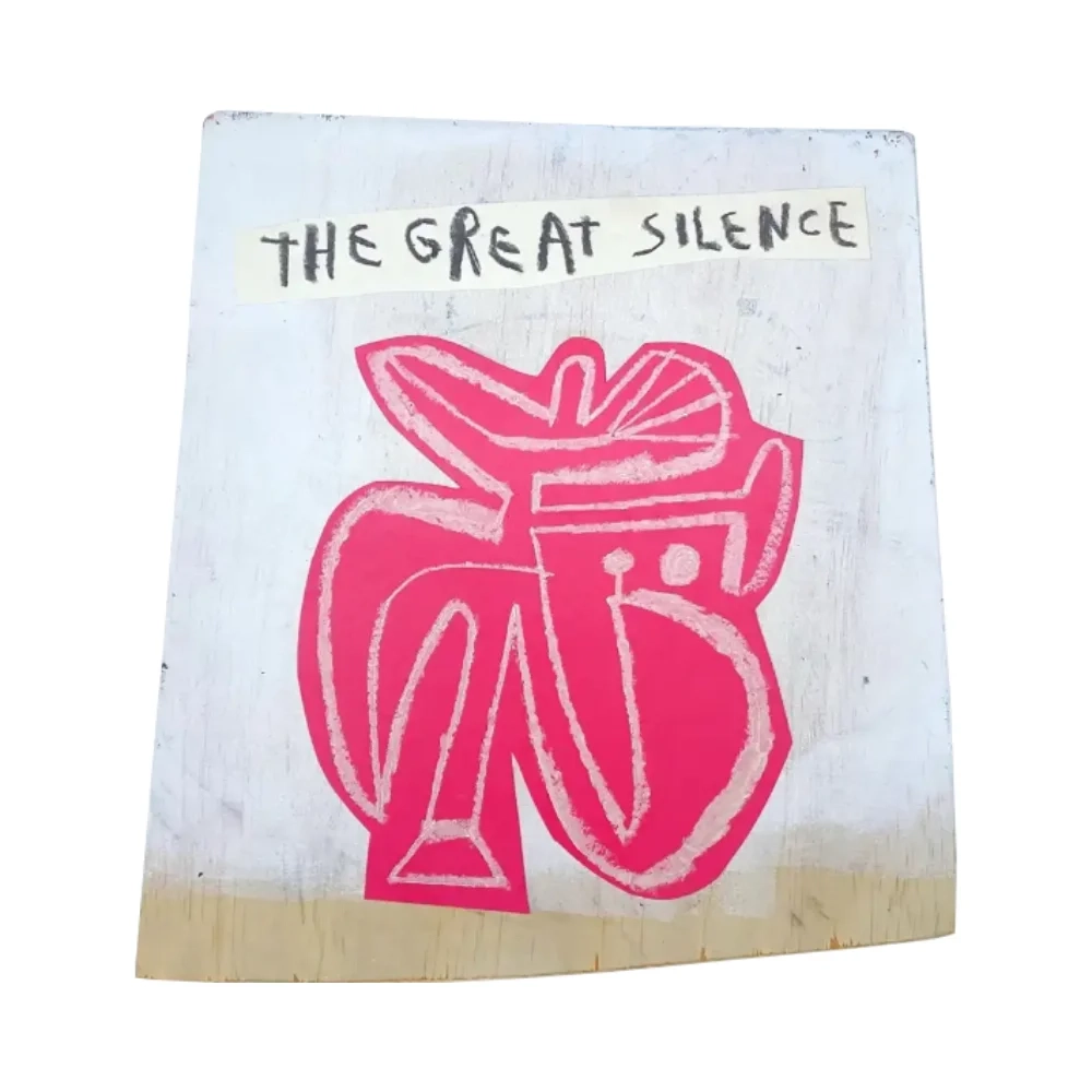 "The Great Silence," a minimalist abstract painting featuring a central, contorted figure rendered in pained, resistant lines. The composition uses a striking pink palette to represent human vitality and non-conformity against a stark, stripped-back background.