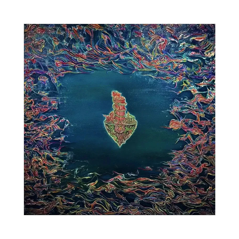 "Temple in the Deep Waters," a textured painting featuring a mystical temple on an island of meditation. The composition uses intricate lines and modelling paste to depict mythical creatures and natural forms, blending architectural detail with a dreamlike, spiritual atmosphere.